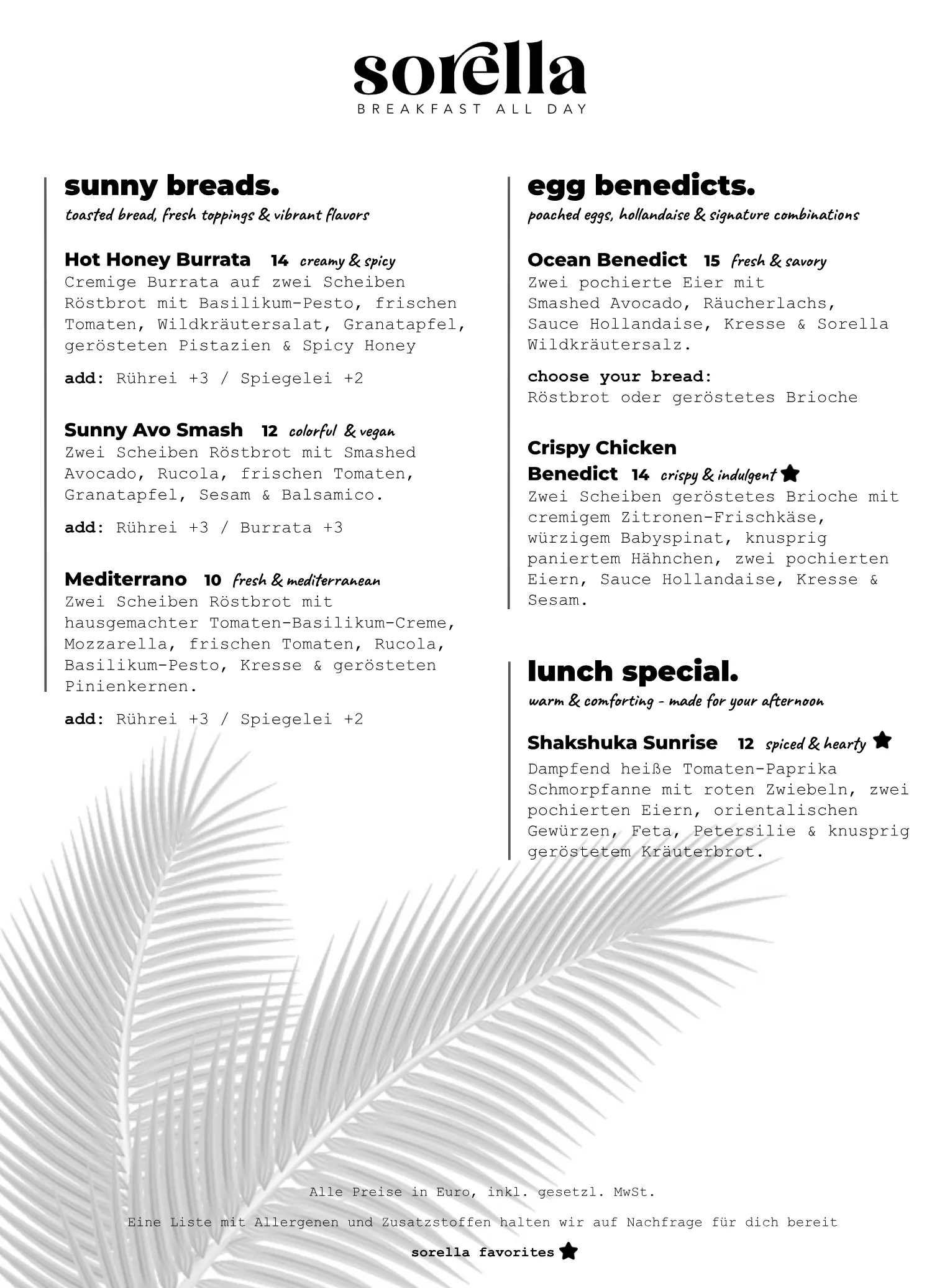 Seite 1 der Speisekarte: sunny breads, egg benedicts und lunch special mit Preisen
