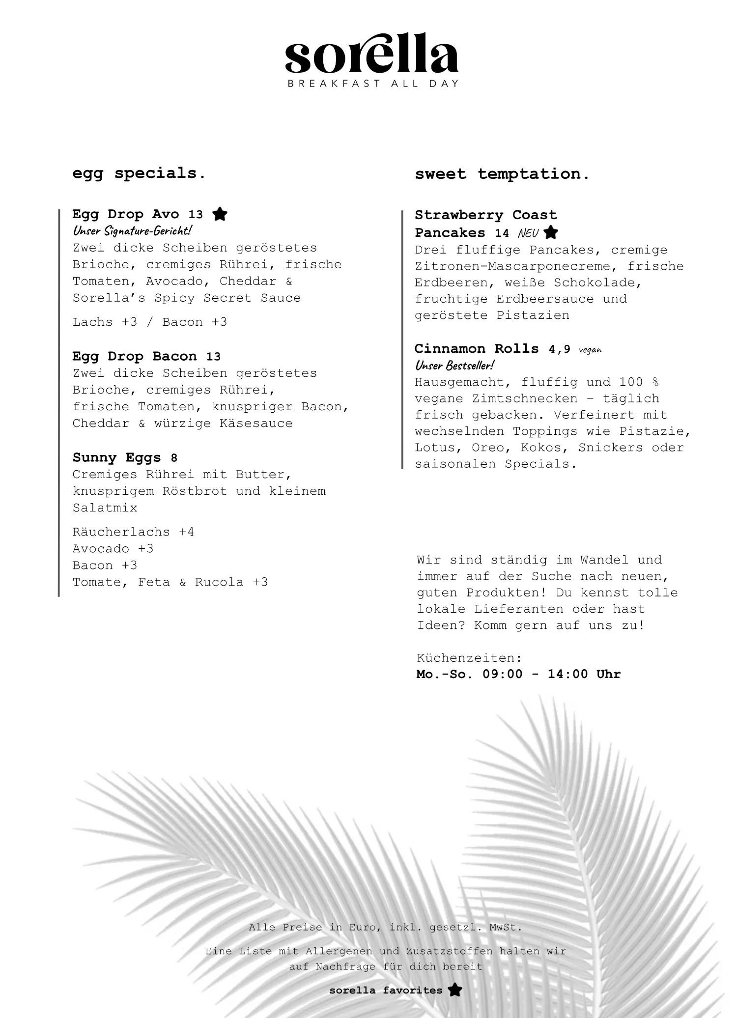 Seite 2 der Speisekarte: egg specials und sweet temptation mit Preisen