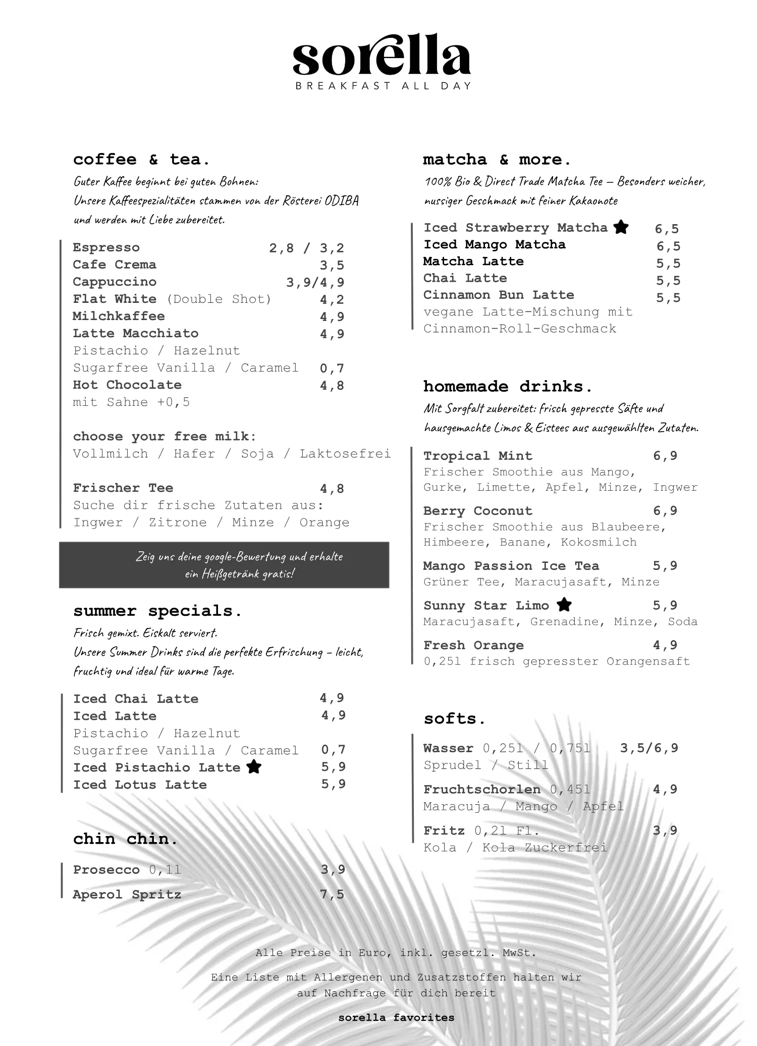 Seite 3 der Speisekarte: coffee und tea, matcha, homemade drinks, summer specials und softs mit Preisen