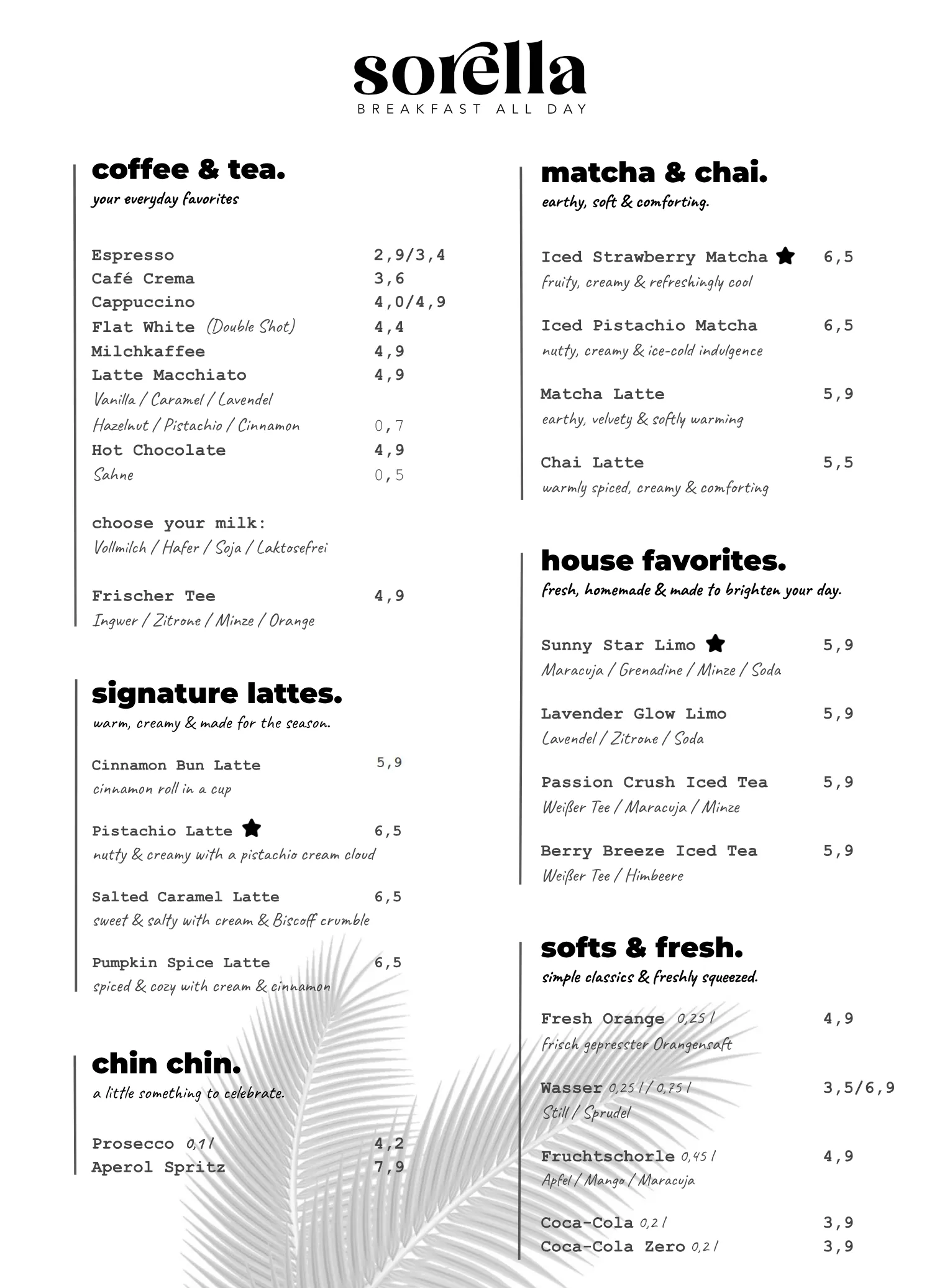 Seite 3 der Speisekarte: coffee & tea, signature lattes, chin chin, matcha & chai, house favorites und softs & fresh mit Preisen
