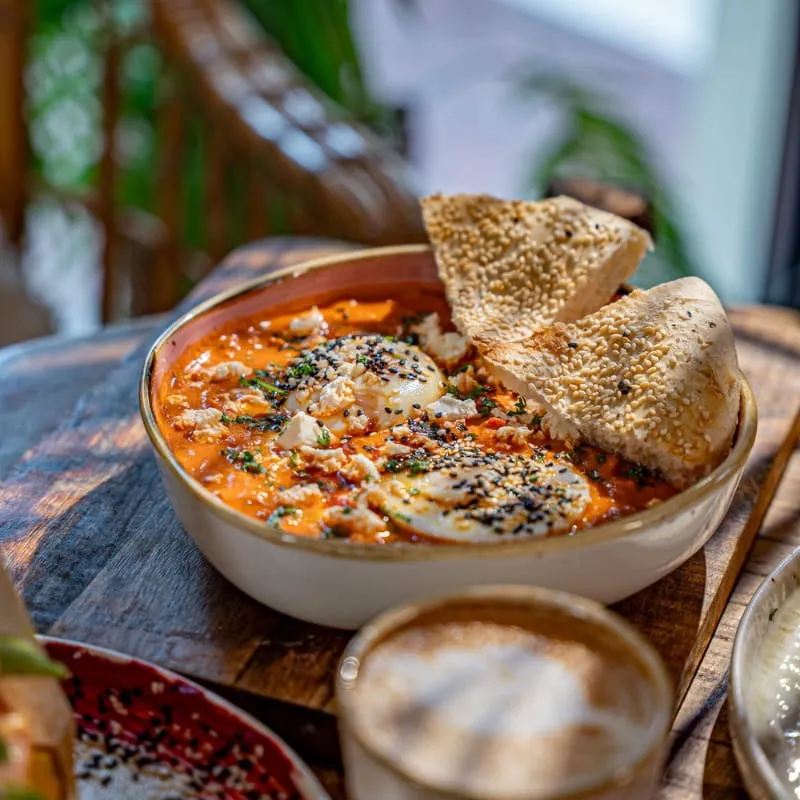 Shakshuka in einer Schale mit geröstetem Fladenbrot